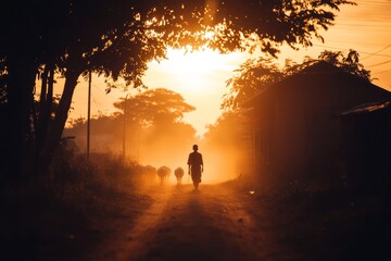 Silhouette of person herding animals at sunset.