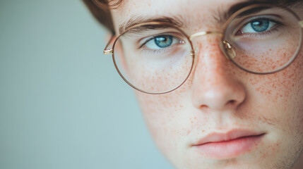Closeup of young Caucasian man with freckles wearing glasses, soft focus portrait, introspective gaze