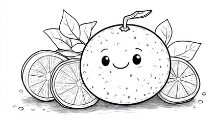 Obraz premium Happy orange with slices, leaves, background texture; coloring book page