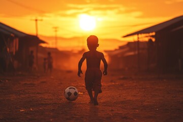 Sunset silhouette of a child playing football.