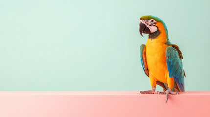 vibrant parrot with colorful feathers perched on pastel pink surface against mint green background