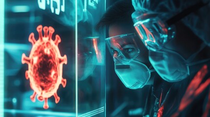 scientists wearing protective masks and goggles analyzing virus data in laboratory with illuminated hologram of coronavirus in blue and red tones