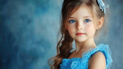 Fototapeta premium Portrait of a Young Girl with Long Brown Hair in a Bright Blue Dress Against a Soft Blue Background, Featuring Stunning Blue Eyes and a Delicate Hair Accessory