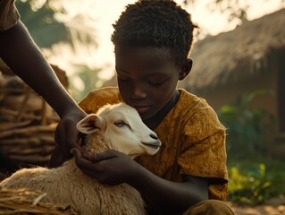 Young child tenderly cradles a lamb.