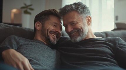 Smiling son and older father enjoying quality time together on cozy gray couch in well-lit home setting, representing warm family bond and connection