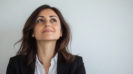 Obraz premium Smiling adult businesswoman with shoulder-length brown hair looking up thoughtfully against a clean white background in a professional setting.