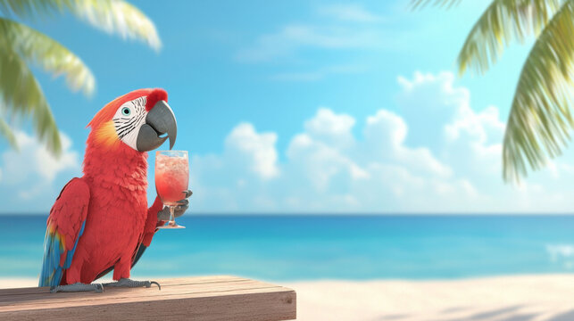 vibrant parrot sipping tropical cocktail at sunny beachside bar, surrounded by palm trees