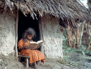 Young girl engrossed in reading a book outside a humble dwelling.