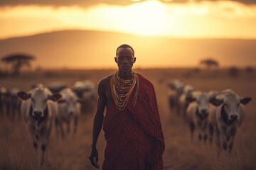 Herder guiding cattle at sunset.