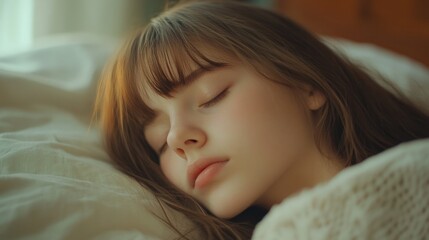 Young girl peacefully sleeping in cozy white bed at home with soft sunlight filtering through window showcasing her serene expression