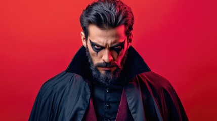 Fototapeta premium Mature man with vampire costume and dramatic makeup posing against vibrant red and orange background for Halloween celebration.