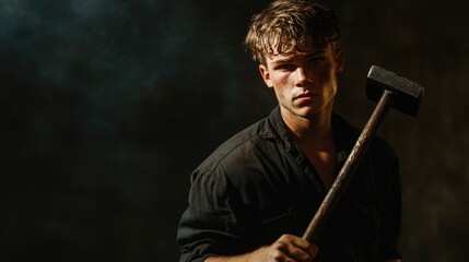 young caucasian blacksmith in dark workshop swinging hammer on hot metal creating sparks with intense expression and dramatic lighting