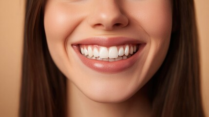 Obraz premium Cheerful young woman with long brown hair showcases a bright toothy smile against a warm beige background, radiating positivity and professional confidence.