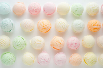 Pastel colored ice cream scoops arranged in rows on white background, showcasing variety and dessert freshness