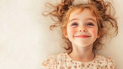 Cheerful preschool girl with curly hair smiling on soft beige background wearing floral dress, capturing innocence and joy in childhood.