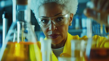 Senior female research scientist conducting chemical experiments with beakers and flasks in a vibrant laboratory setting, focused on scientific exploration