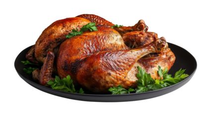 PNG Roasted Turkey on Black Platter with Parsley Garnish, transparent background