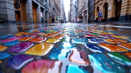 Rainy city street, colorful mosaic pavement, blurred background, urban travel scene