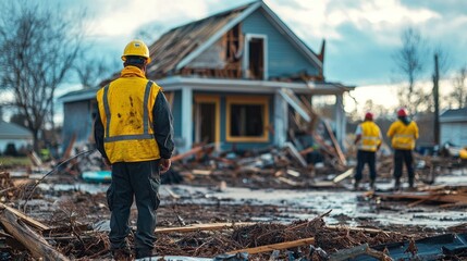 Teams are diligently working to clear debris in a neighborhood ravaged by a recent storm. Clouds loom overhead as they navigate through the wreckage, showcasing their dedication and resilience