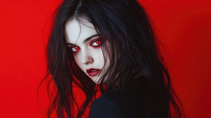 Fototapeta premium Mysterious portrait of a young woman with long dark hair and striking red eyes against a vibrant red background, showcasing a gothic aesthetic.