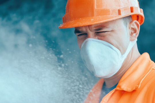 Construction worker man with dust mask in safety gear amidst cloud of particles on site