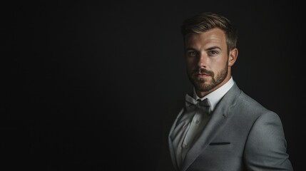 Obraz premium Elegant male portrait in gray suit and bow tie posed dramatically against a dark background highlighting sophistication and style.