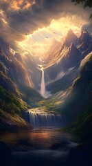 heavenly portayal of sunset over a waterfall in the mountains