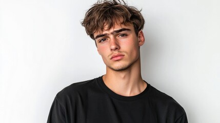 Fototapeta premium Pensive young Caucasian man with tousled brown hair wearing a black t-shirt posing sideways against a clean white background expressing skepticism.