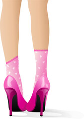 Beautiful sexy female legs in pink high heel shoes and cute socks with hearts. Isolated vector illustration