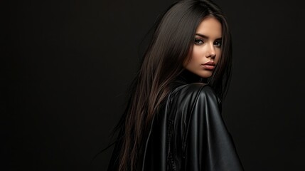 Fototapeta premium Brunette woman in leather cloak posing emotionally in studio against dark background, showcasing vibrant long hair and stylish attitude.