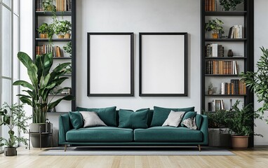 Fototapeta premium Two large, blank, black picture frames hang on the wall above an emerald blue sofa in a modern living room with bookshelves and potted plants. 3D rendering, high-resolution photography,
