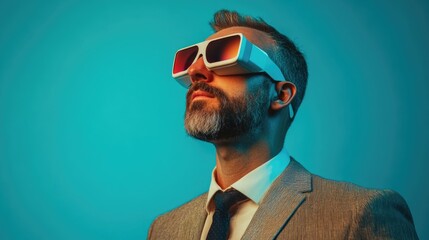 Obraz premium Businessman in tailored gray suit wearing futuristic 3D glasses against teal background, exuding confidence and innovation in technology.