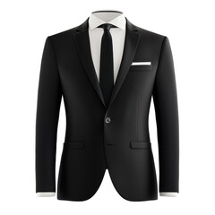A sleek black suit featuring a tailored fit, white shirt, and black tie, exuding sophistication and elegance.