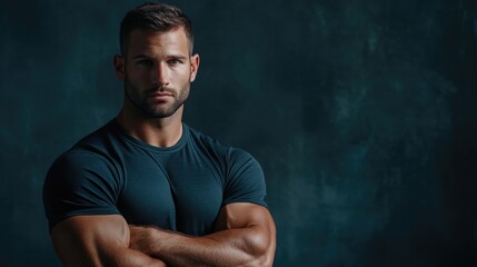 Caucasian muscular man in fitted dark blue t-shirt posing confidently with crossed arms against textured studio background showcasing fitness and strength.