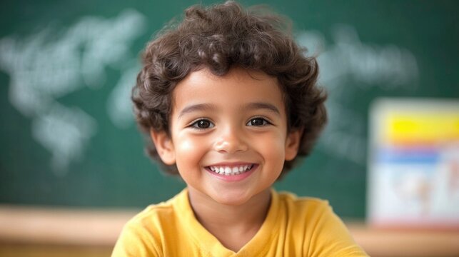 Preschool-aged Hispanic boy with curly hair wearing yellow shirt smiling joyfully in front of blackboard in colorful kindergarten classroom environment.
