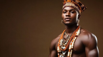 Muscular young African man adorned in vibrant traditional clothing and intricate jewelry poses confidently against a rich brown studio backdrop, highlighting cultural heritage and strength.