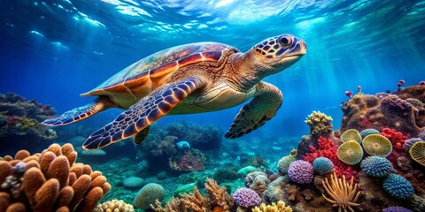 Obraz premium Vibrant Sea Turtle Swimming in Colorful Coral Reef Underwater