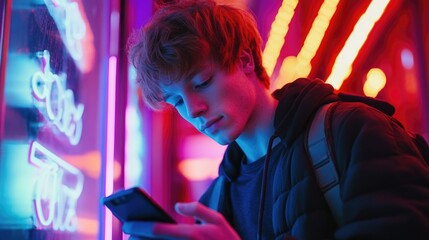 Fototapeta premium Cinematic portrait of stylish 20-year-old Caucasian man with red hair using smartphone in neon-lit interior with purple and blue lights reflecting on his face