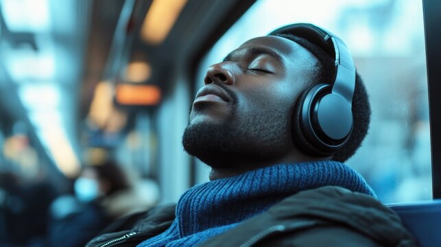Black man wearing headphones and face mask relaxing indoors on public transport listening to music in a city commute during morning hours.