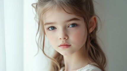 Natural light portrait of a beautiful young girl with long wavy hair and blue eyes, softly lit near a window with sheer white curtains.