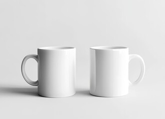 Fototapeta premium Two white coffee mugs mockup, one on the left and another mug on the right side of the picture, isolated on a background, stock photo.