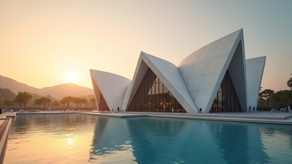 Naklejka premium Sunrise Lake Scenic Modern Building