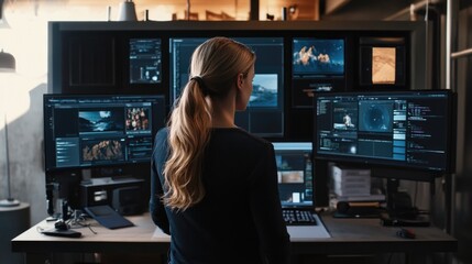 Modern digital workspace showcasing a woman analyzing data and graphics on multiple high-resolution monitors in a tech-driven environment.