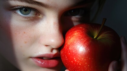 Close-up of young woman with striking blue eyes holding a shiny red apple, illuminated by gentle light, emphasizing facial features and expressions.