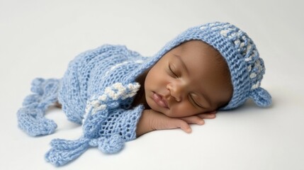 Adorable newborn baby boy peacefully sleeping on a soft white background, wrapped in a cozy light blue knitted outfit with a matching hat.