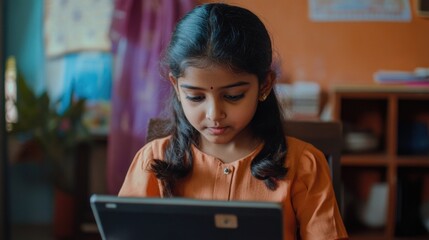 Young Indian girl engaged in online learning, using digital tablet for virtual class, focused expression in cozy home classroom setting with orange walls.