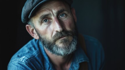 Mature man with a thoughtful expression wearing a denim shirt and cap against a dark background, showcasing deep blue eyes and a gray beard.