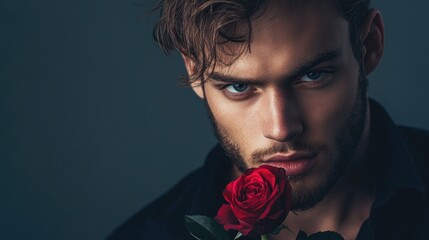 Intense portrait of a young man with a rose in hand showcasing deep brown hair and striking blue eyes against a dark background.