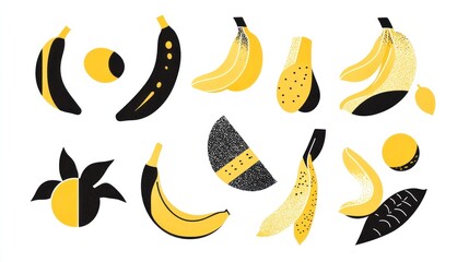 Ripe and overripe bananas, fruit collage, white background, food illustration