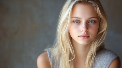 Naklejka premium Portrait of a young blonde woman with blue eyes in a cozy studio setting featuring soft, natural lighting and a neutral background.